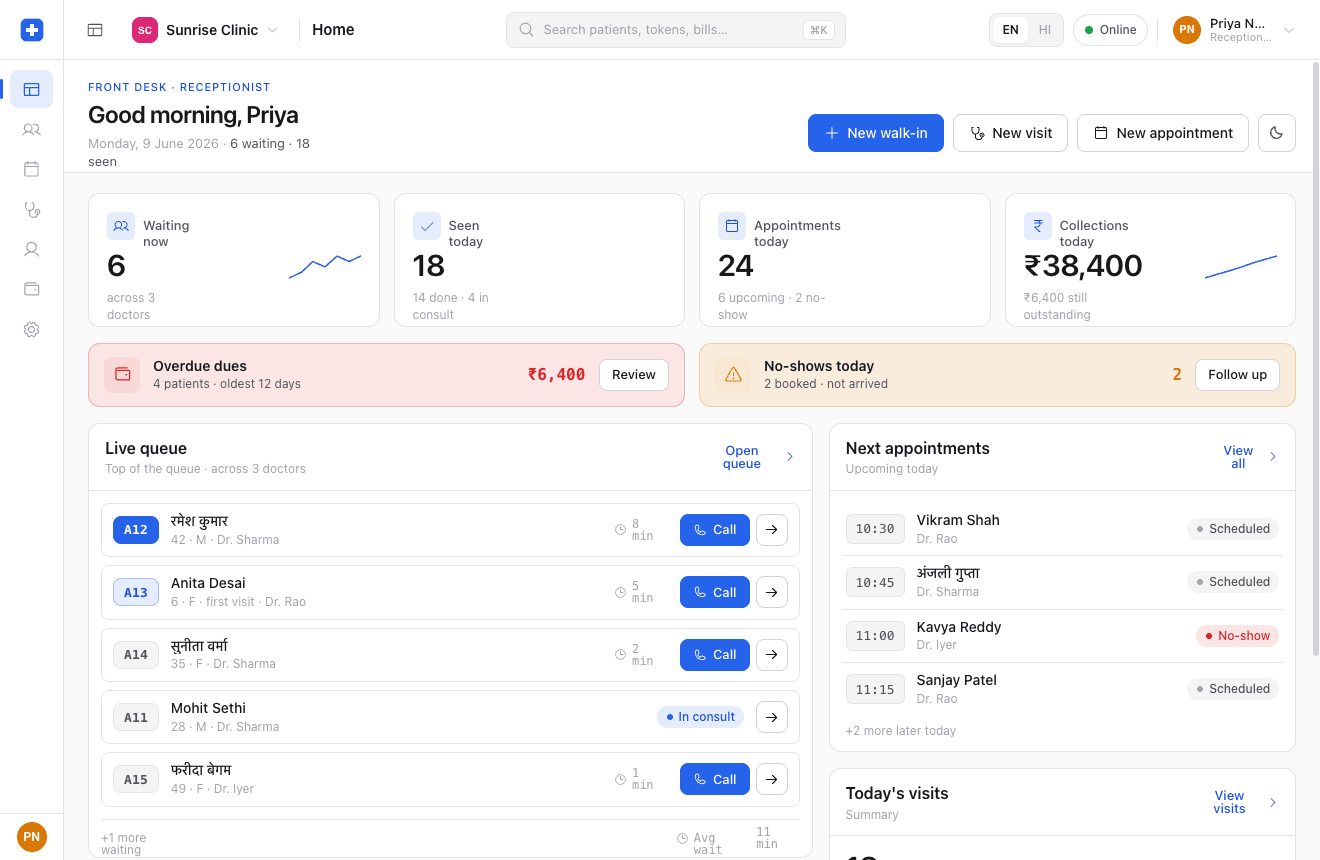 CuraStax front desk: live token queue, today's collections, next appointments