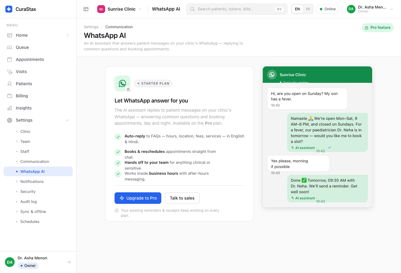WhatsApp AI assistant answering a patient and booking an appointment